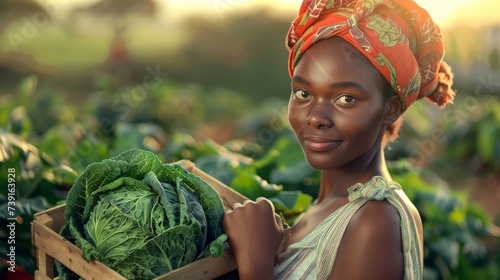Portrait of a dedicated black woman holding a crate full of fresh cabbage in her hands on the farm outdoors.