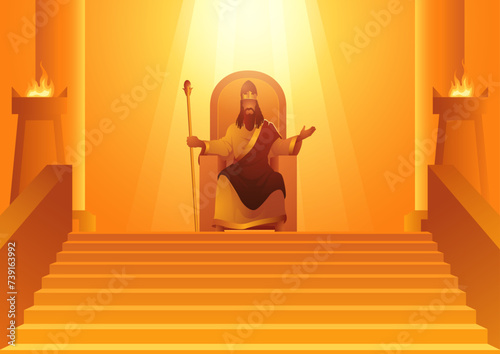 Series of vector illustrations of the biblical figure, King David sitting on a throne with rays of light shining on him as a symbol of Gods covenant with David that his descendant will reign forever