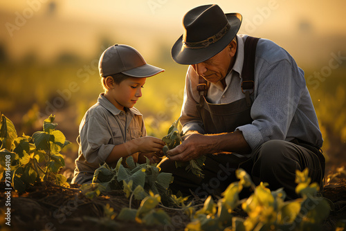 Grandfather and grandson in soybeans field