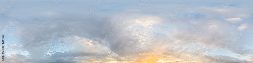 Sunset sky panorama with bright glowing pink Cirrus clouds. HDR 360 seamless spherical panorama. Full zenith or sky dome in 3D, sky replacement for aerial drone panoramas. Climate and weather change.
