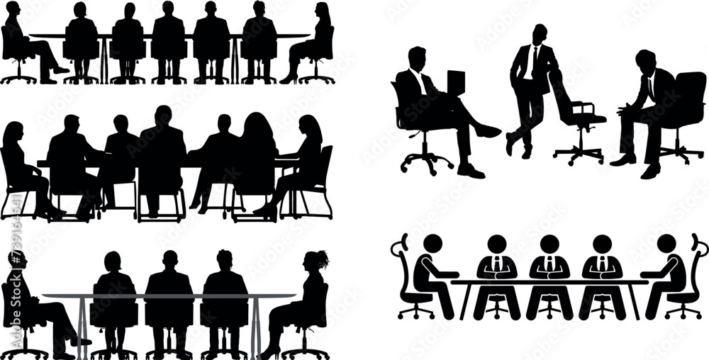 Business meeting on a table, Silhouettes of corporate office figures, group of businessmen meeting in a boardroom, discussing strategies with professional directors, shareholders, senior executives