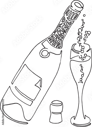 Champagne bottle glass vector lineart illustration