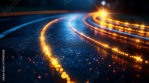 Close-up of illuminated sparkling street lane markings at dusk. Abstract background