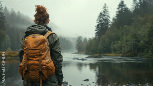 Adventurous female traveler with backpack standing on cliff overlooking river captivating landscape that blends beauty of nature with spirit perfect for showcasing outdoor travel and hiking