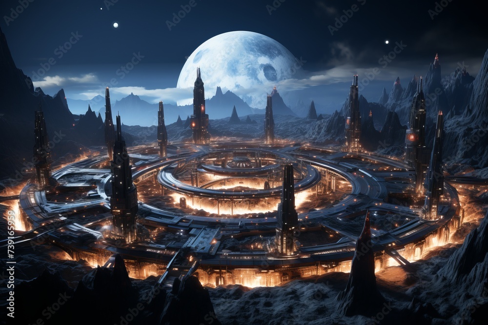 Futuristic city on a world with a full moon in the sky
