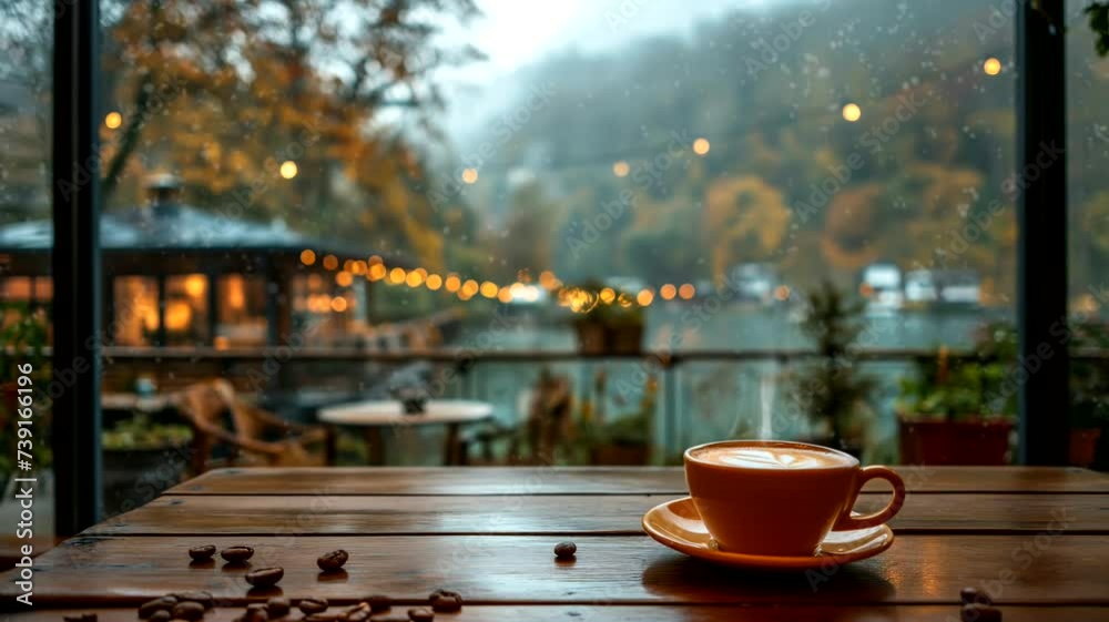 Cup of coffee in cafe at winter. Seamless looping time-lapse 4k video animation background