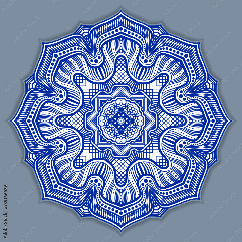 Vector abstract circular mandala design decorative element ethnic style. Blue line and white area for coloring. Shadow around of mandala. Arab, Islam, Indian, Chinese. Yoga illustration. Vector abstract circular mandala design decorative element ethnic style. Blue line and white area for coloring. Shadow around of mandala. Arab, Islam, Indian, Chinese. Yoga illustration.