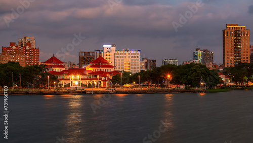 Charming lakeside night view,blue sky cloud in Lianchitan Scenic Area,Zuoying ,Kaohsiung,Taiwan.for branding,calendar,postcard,screensave,wallpaper,poster,banner,cover,website.High quality photography photo