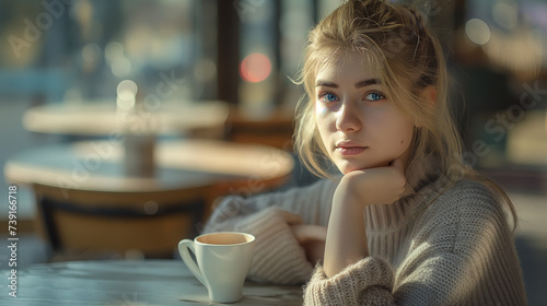 Junge Frau sitzt im Café und trinkt Kaffee an einem sonnigen Tag