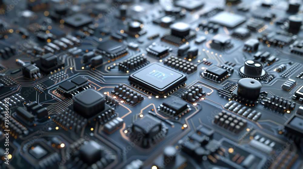 Visualization of Mother Board CPU Processor Starting Digitalization Process and Information Computing, with led glowing on the board.