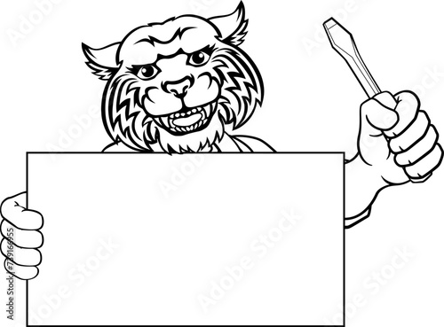 A wildcat electrician handyman or other construction cartoon mascot man holding a screwdriver tool.