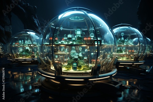 Glass domes filled with plants in a dark room, creating a tranquil atmosphere