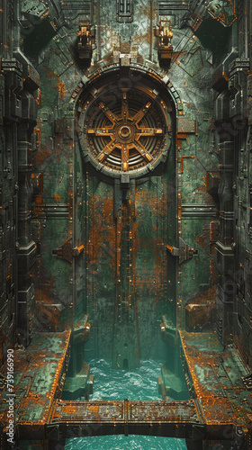 Large empty metal room grimdark scifi style with a detailed map of an underground canal and bridge Topdown perspective