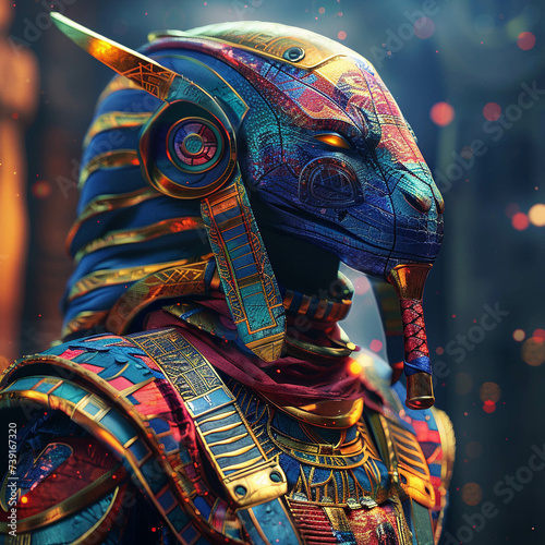 Colorful Anunnaki deity from Sumeria reimagined in a scifi setting with realistic textures and cinematic lighting photo