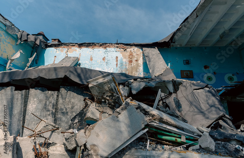 destroyed and burned school in the city Russia Ukraine war photo