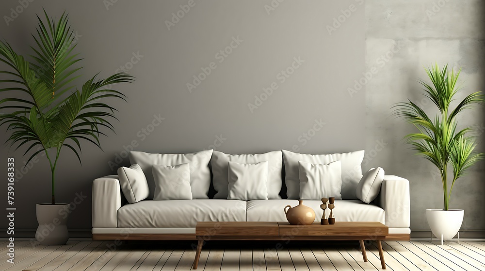 Minimal Scandinavian interior with grey sofa, wooden table, palm leaves, grey wall, and mockup posters