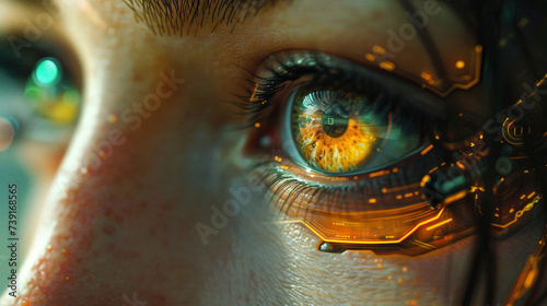 A cyborg womans eye and face fragment illustrating the seamless integration of advanced cybernetic enhancements photo