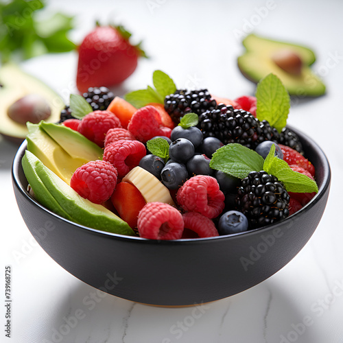 A beautiful bowl of fruit containing blackberries blue  Fresh Summer Berry Fruit Salad  Generative Ai