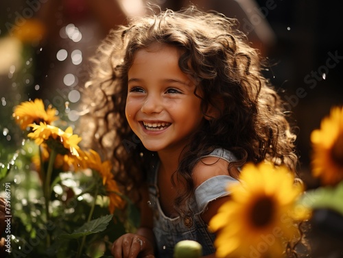 A Joyful Girl Among Sunflowers on a Sunny Day in the Garden