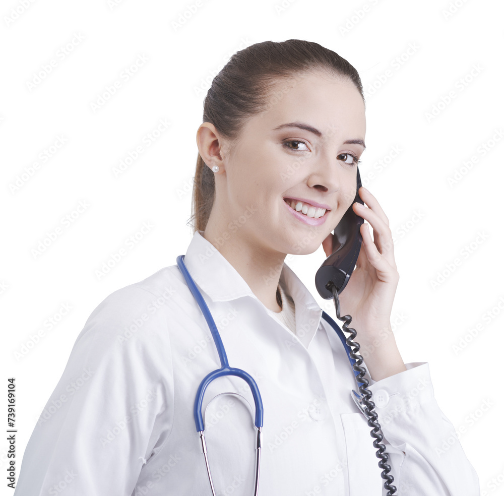 Female doctor giving advice on the phone Female doctor giving advice on the phone