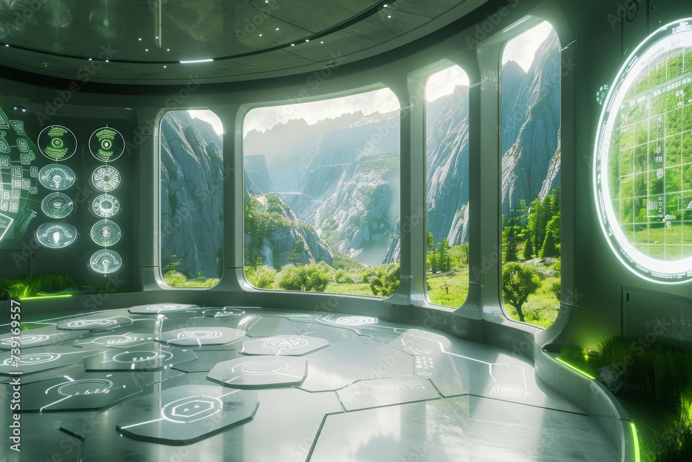 Obraz premium Futuristic Glowing White Data Center Overlooking Spring Green Valley