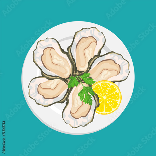 Fresh raw oysters with lemon in plate. Top view. Vector cartoon illustration of seafood.