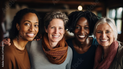 Mature women hug and look at camera on city street. Portrait of happy middle age friends outside. Female friendship photo