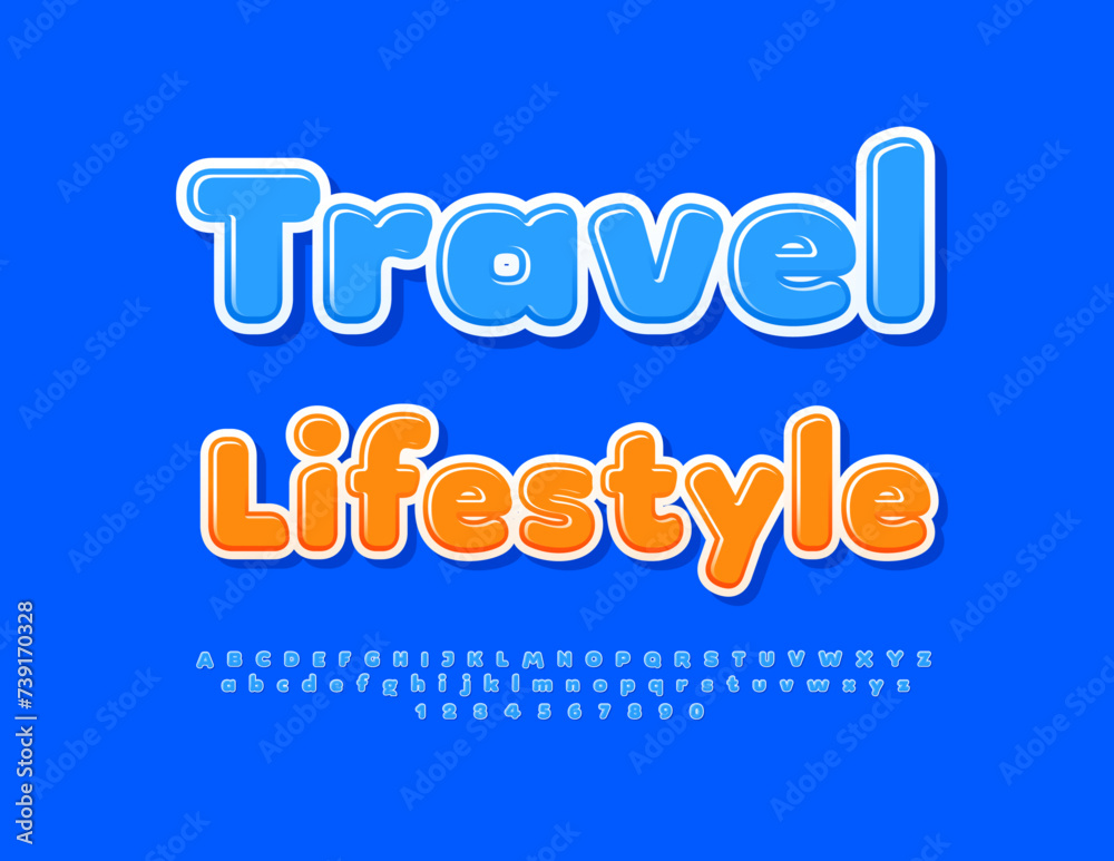 Vector modern banner Travel Lifestyle. Creative Blue Font. Set of Artistic Alphabet Letters and Numbers.
