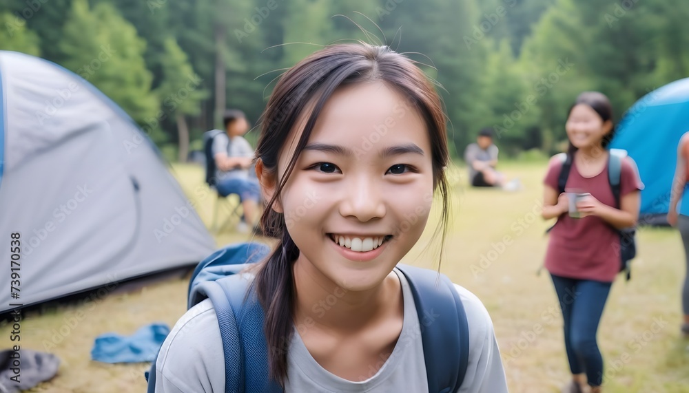  Young Asian girl, kid, teenager camping with family and friends. Mountain, outdoor.