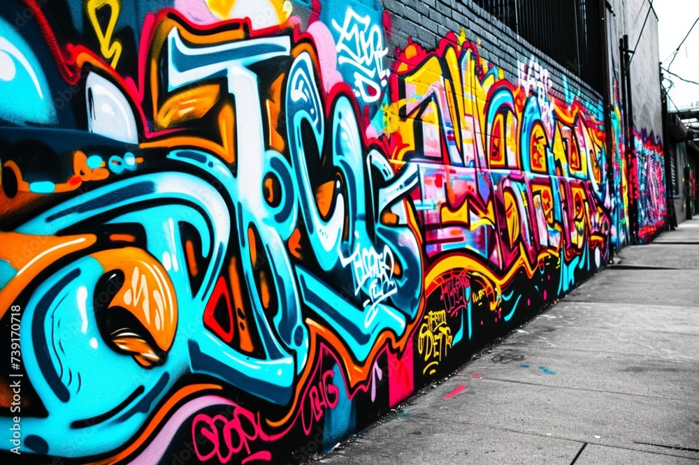 : A graffiti wall with various words and symbols in bright colors.