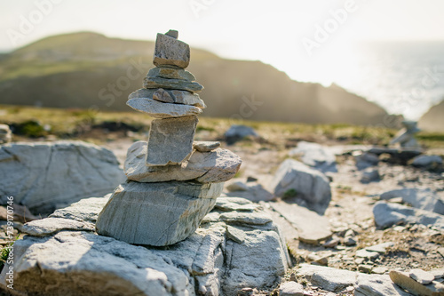 Stones stacks at Malin Head, Ireland's northernmost point, Wild Atlantic Way, spectacular coastal route. Numerous Discovery Points. Co. Donegal photo