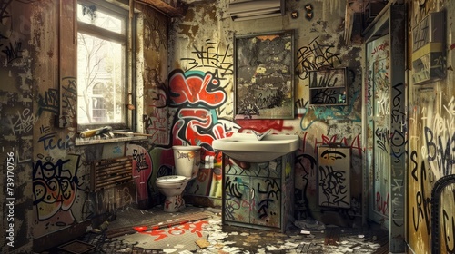 Rebellious Street Art: Colorful Graffiti-Tagged Bathroom Vanity in Gritty Urban Setting