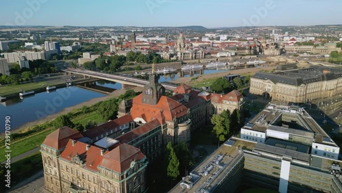 The drone aerial footage of The SÃ¤chsische Staatskanzlei (Saxon State Chancellery) and old town of Dresden, Germany. photo