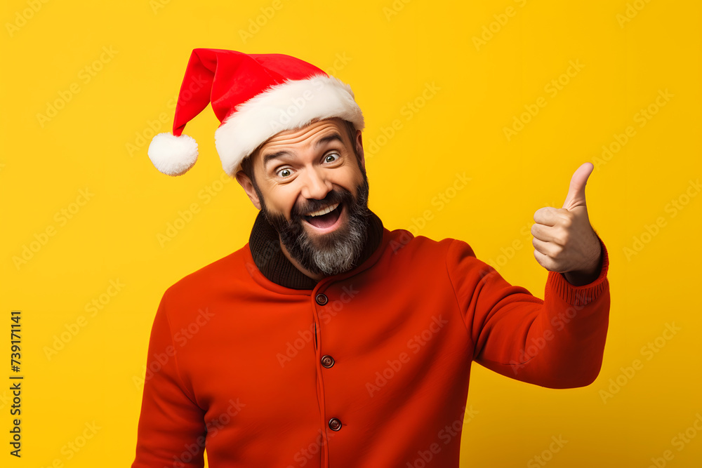 Cheerful man in Christmas hat shows surprise, pointing aside, against vibrant plain yellow backdrop. Cheerful man in Christmas hat shows surprise, pointing aside, against vibrant plain yellow backdrop.