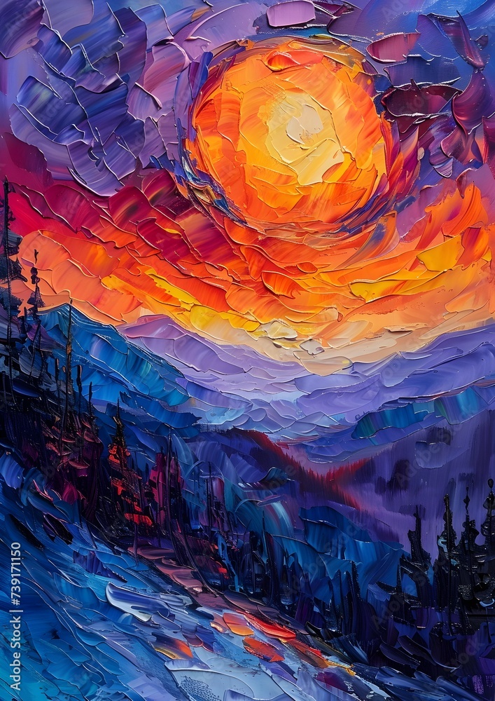 Fototapeta premium Expressionist Sunset Mountain Oil Painting with Psychedelic Elements