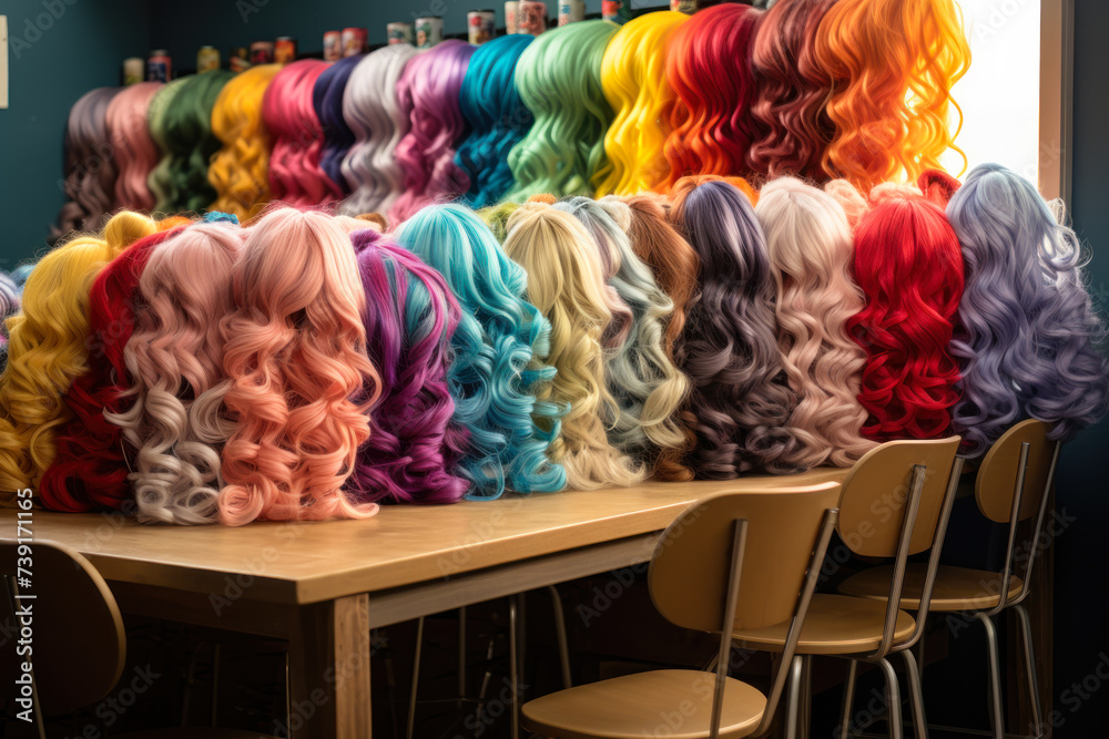 colorful wigs in the dressing room