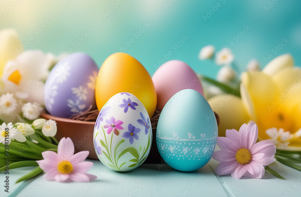 Easter card in pastel colors with dyed eggs and spring flowers, banner. Easter card in pastel colors with dyed eggs and spring flowers, banner.