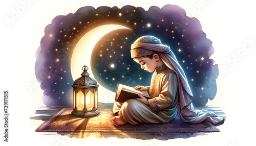 Watercolor style illustration with a young child reading a quran at night for ramadan.