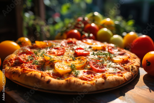 hot pizza with sausage and tomatoes.