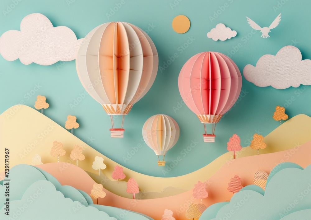 Obraz premium Sunny Day with Hot Air Balloons in Paper Art Style