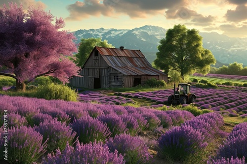 : A lavender farm with a barn and a tractor in spring. photo