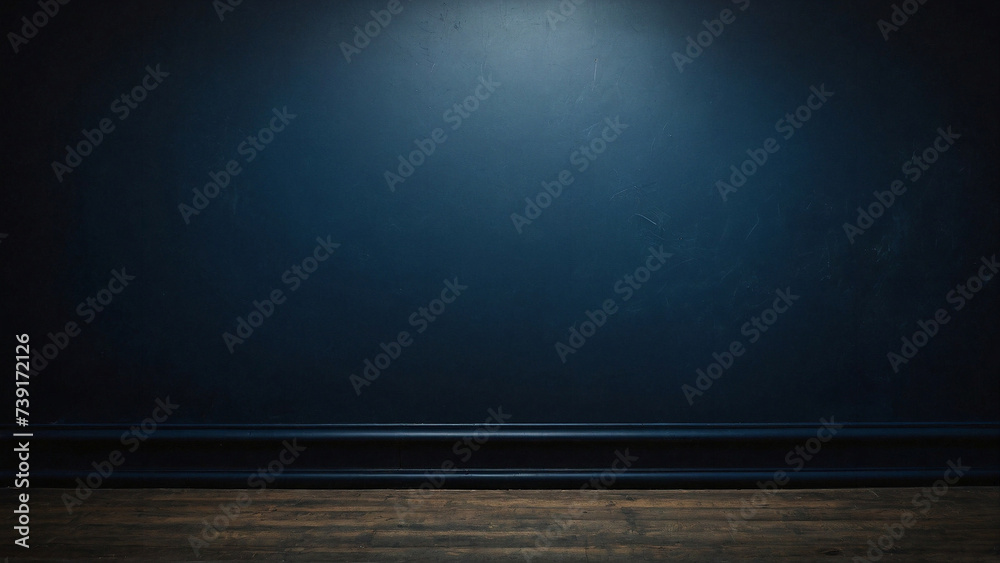 The background is plain dark blue walls and wooden floors with a little light The background is plain dark blue walls and wooden floors with a little light