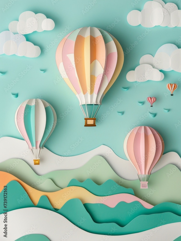 Sunny Day with Hot Air Balloons in Paper Art Style Sunny Day with Hot Air Balloons in Paper Art Style
