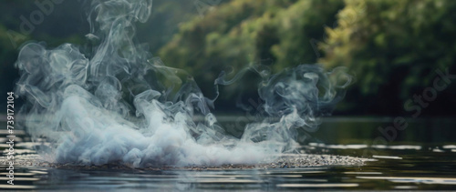 Smoke cloud hovers over water, reflection visible