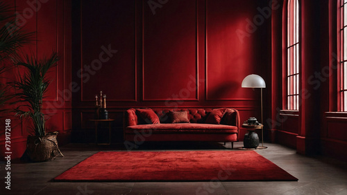 The photo studio room is dominated by dark red and a red carpet underneath