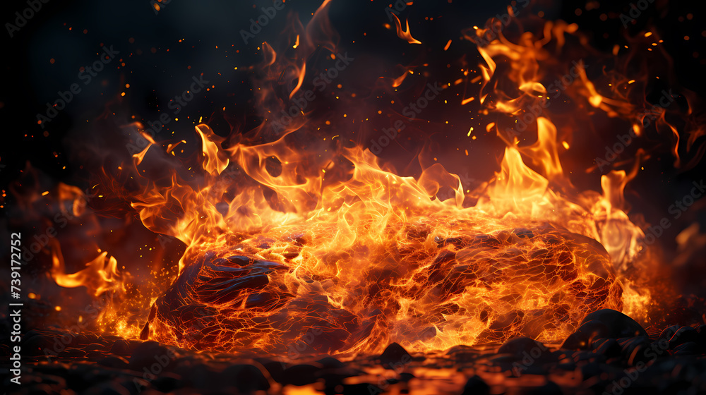 Abstract fire background with hot sparks rising from a fire in the night sky