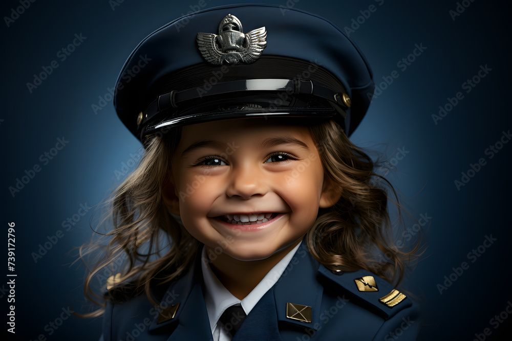 Cheerful kid in pilot's uniform smiling for the camera, isolated against a blue backdrop. Cheerful kid in pilot's uniform smiling for the camera, isolated against a blue backdrop.