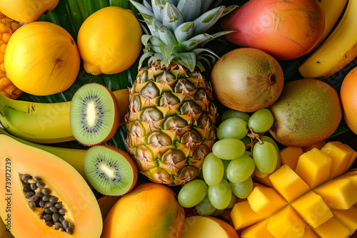 Fresh tropical fruits on the on a dark background 