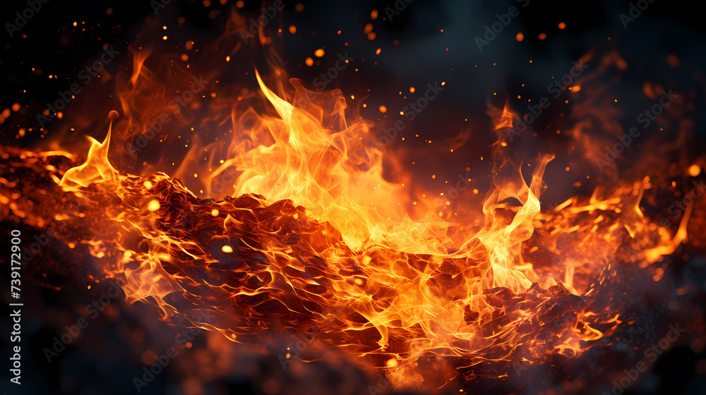 Abstract fire background with hot sparks rising from a fire in the night sky