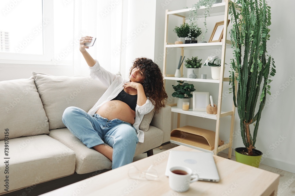 Pregnant woman blogger sits on the couch at home and takes pictures of herself on the phone, selfie and video call, consultation with the doctor online, pregnancy management Pregnant woman blogger sits on the couch at home and takes pictures of herself on the phone, selfie and video call, consultation with the doctor online, pregnancy management